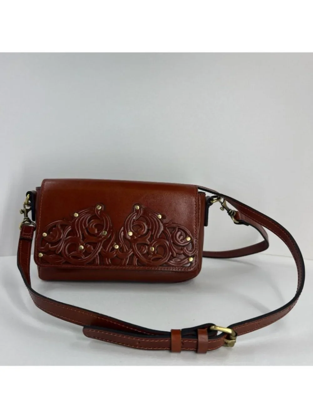 Patricia Nash Lille Studded Leather Crossbody Bag Filigree Tooled Floral Brown - Picture 2 of 13